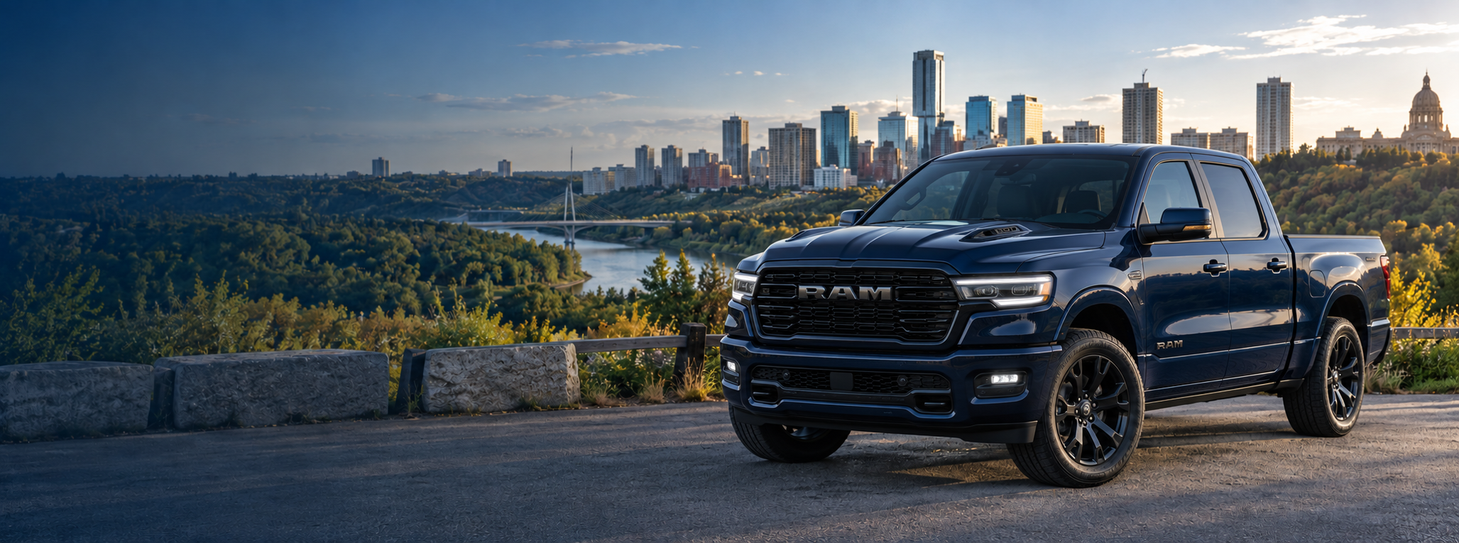Ram 1500 Sport Crew Cab concept in front of Edmonton’s river valley and skyline